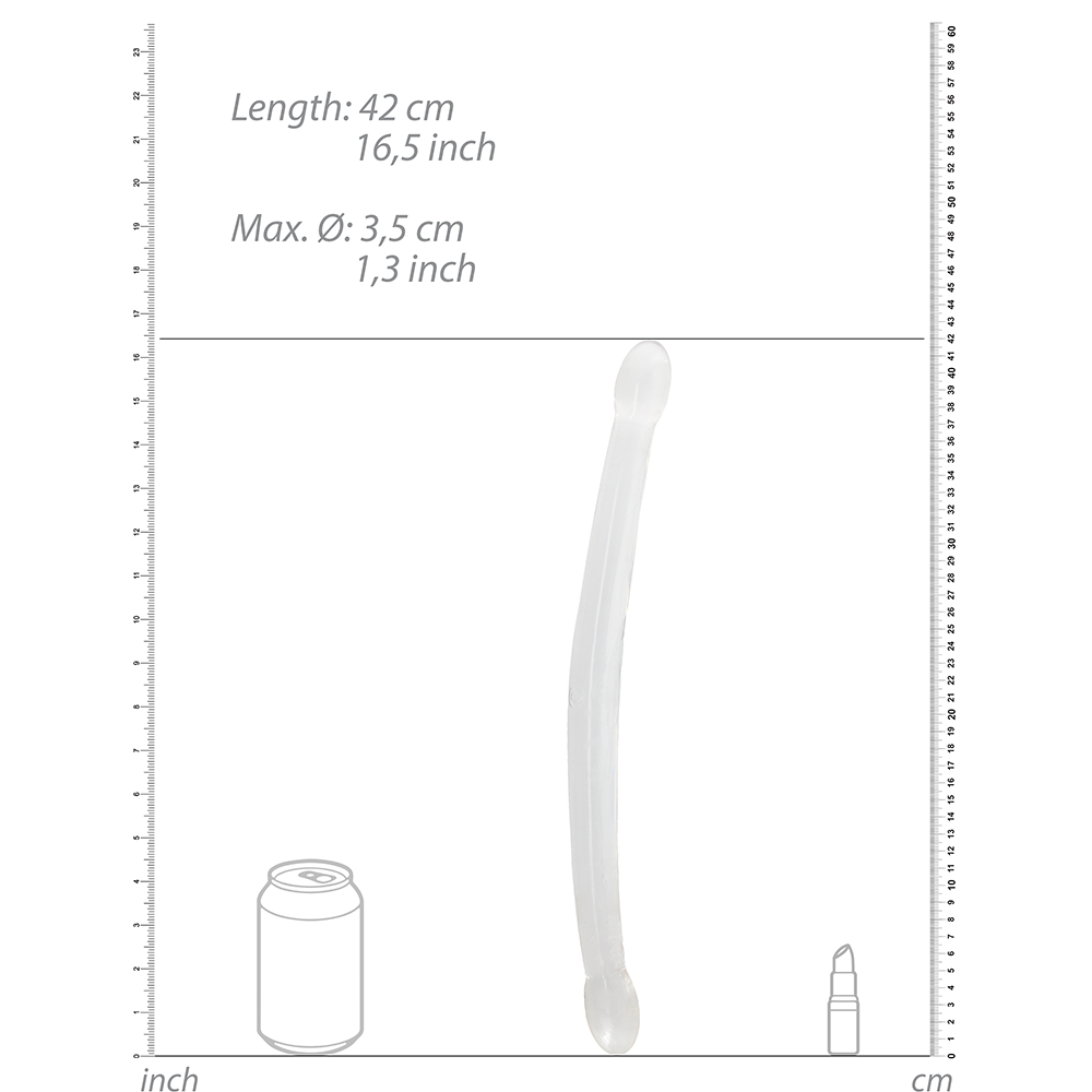 Real Rock Dubbelsidad Dildo dimensioner mot vit bakgrund.