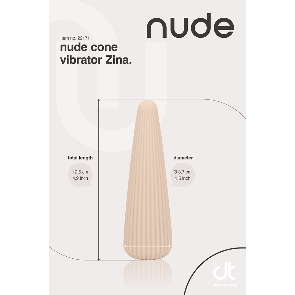 Dimensioner på NUDE Zina Cone Klitorisvibrator mot beige bakgrund.