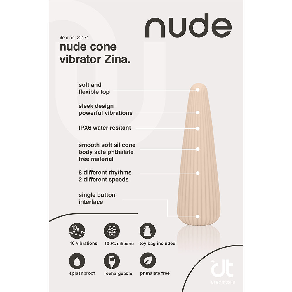 Specifikationer på NUDE Zina Cone Klitorisvibrator mot beige bakgrund.