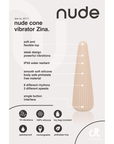 Specifikationer på NUDE Zina Cone Klitorisvibrator mot beige bakgrund.