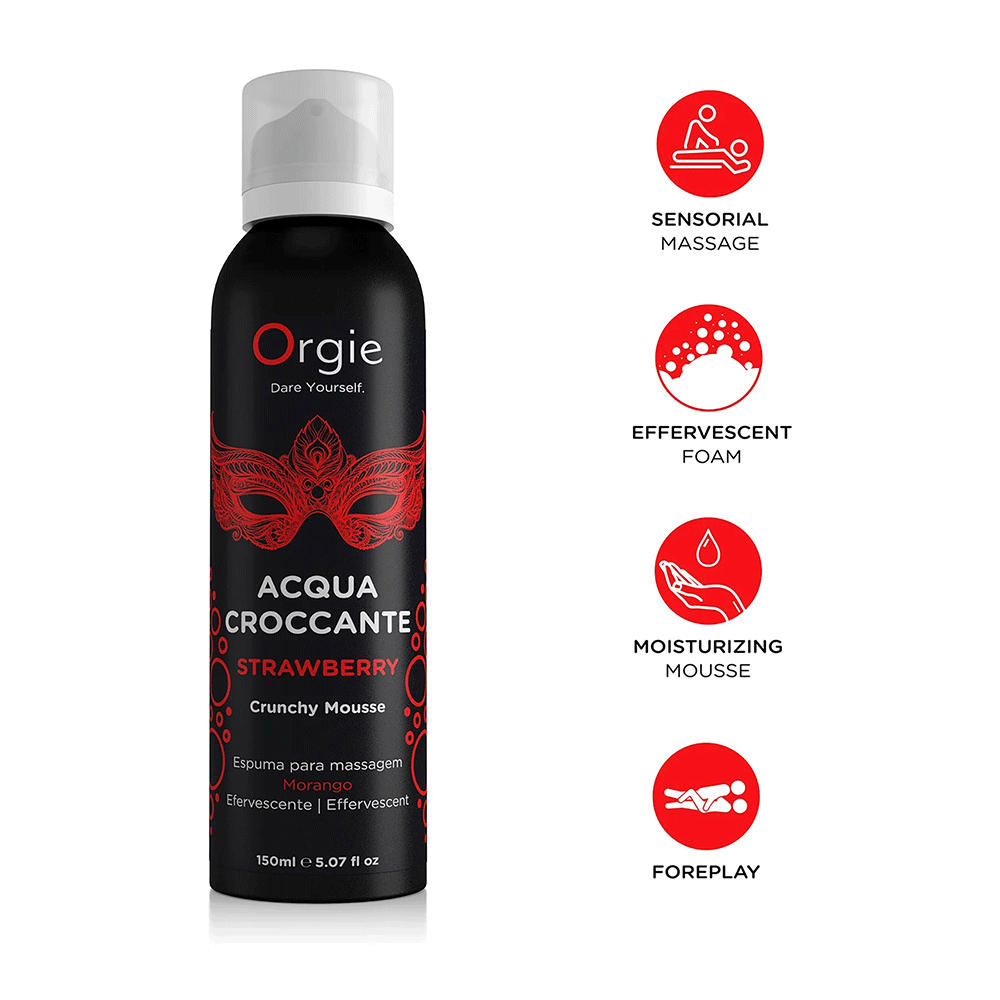 Specifikationer på Orgie Acqua Croccante Crunchy Massagemousse Jordgubbe 150ml mot vit bakgrund.