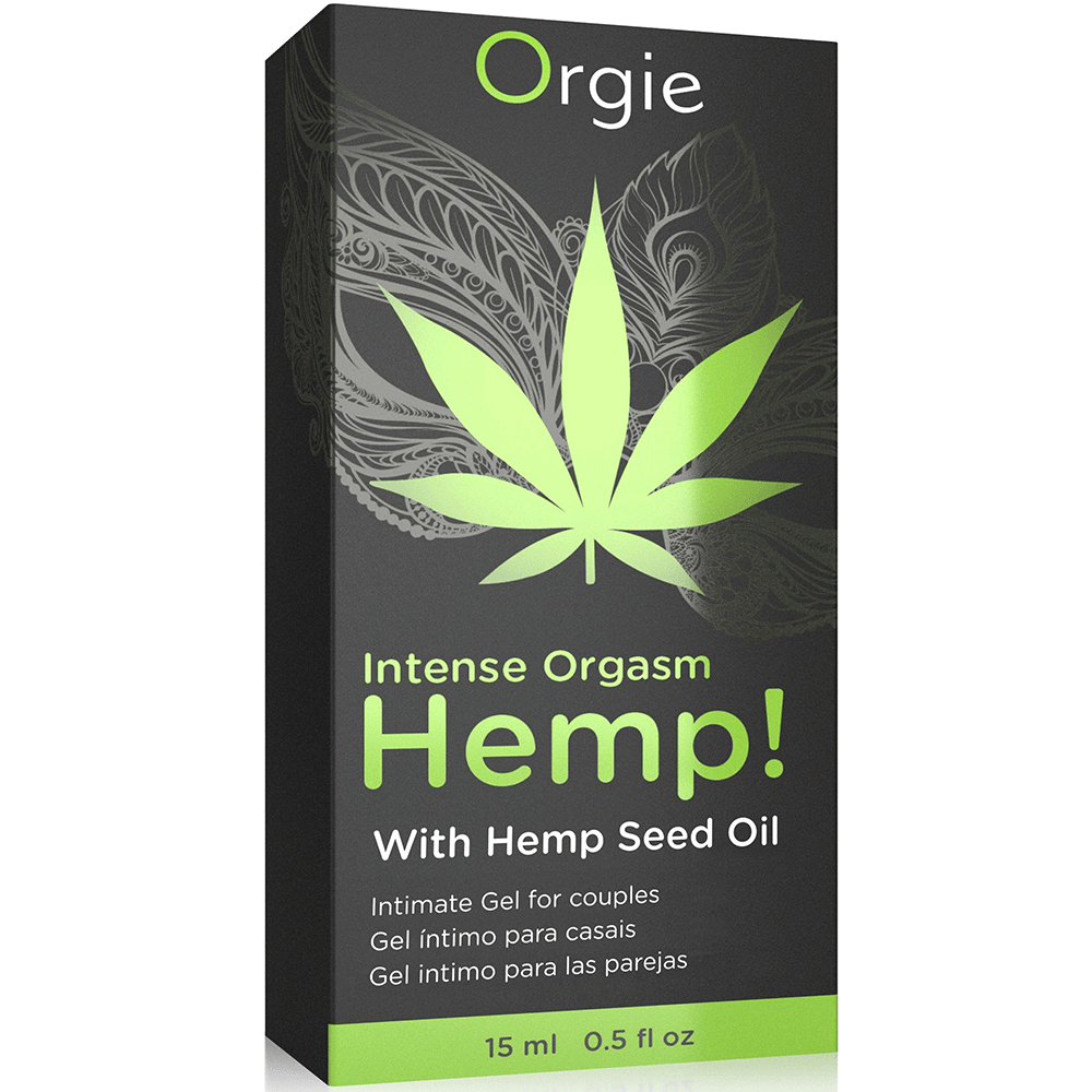 förpackningen till Orgie Hemp! Intense Orgasm 15ml stimulansgel. Svart förpackning med gröna detaljer.