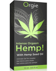 förpackningen till Orgie Hemp! Intense Orgasm 15ml stimulansgel. Svart förpackning med gröna detaljer.