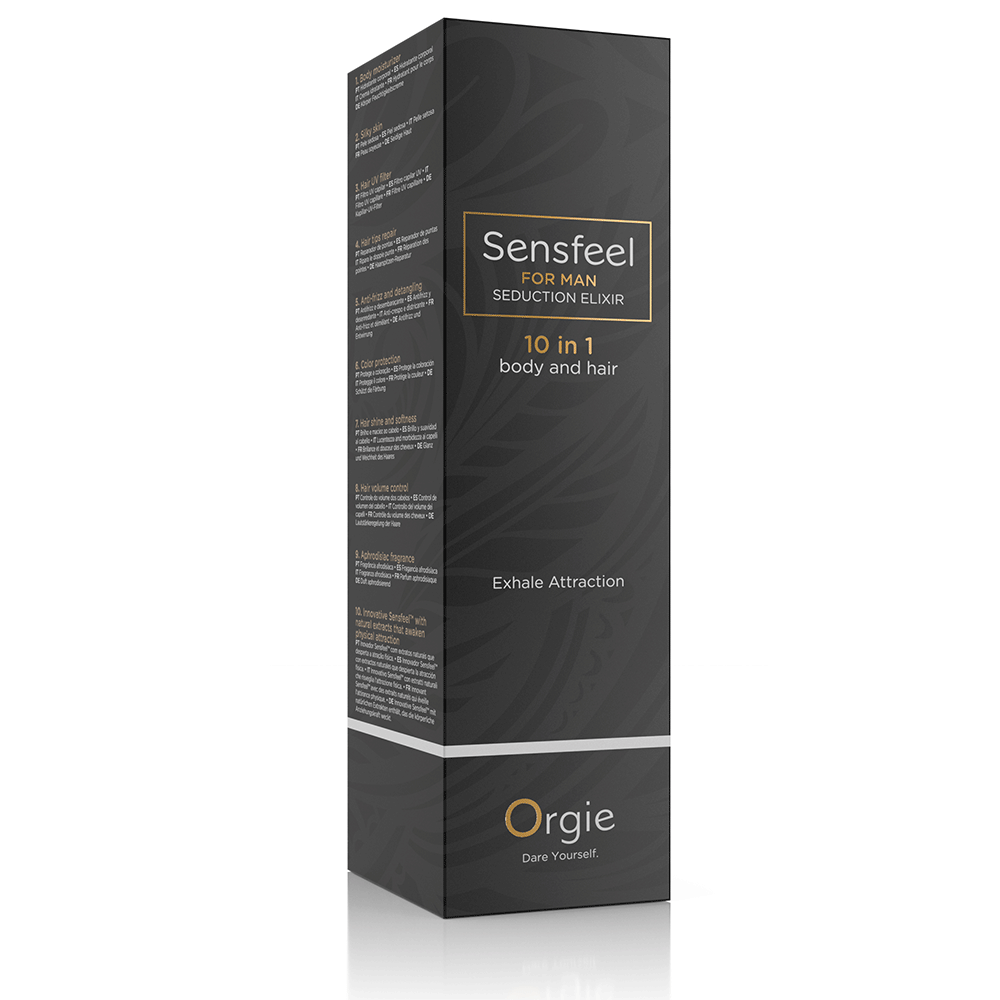 Orgie Sensfeel Seduction Elixir 10 in 1 for Man förpackning mot vit bakgrund.