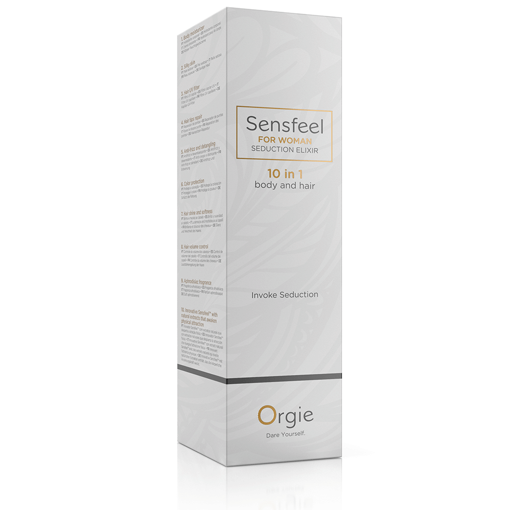 Orgie Sensfeel Seduction Elixir 10 in 1 for Woman förpackning mot vit bakgrund.