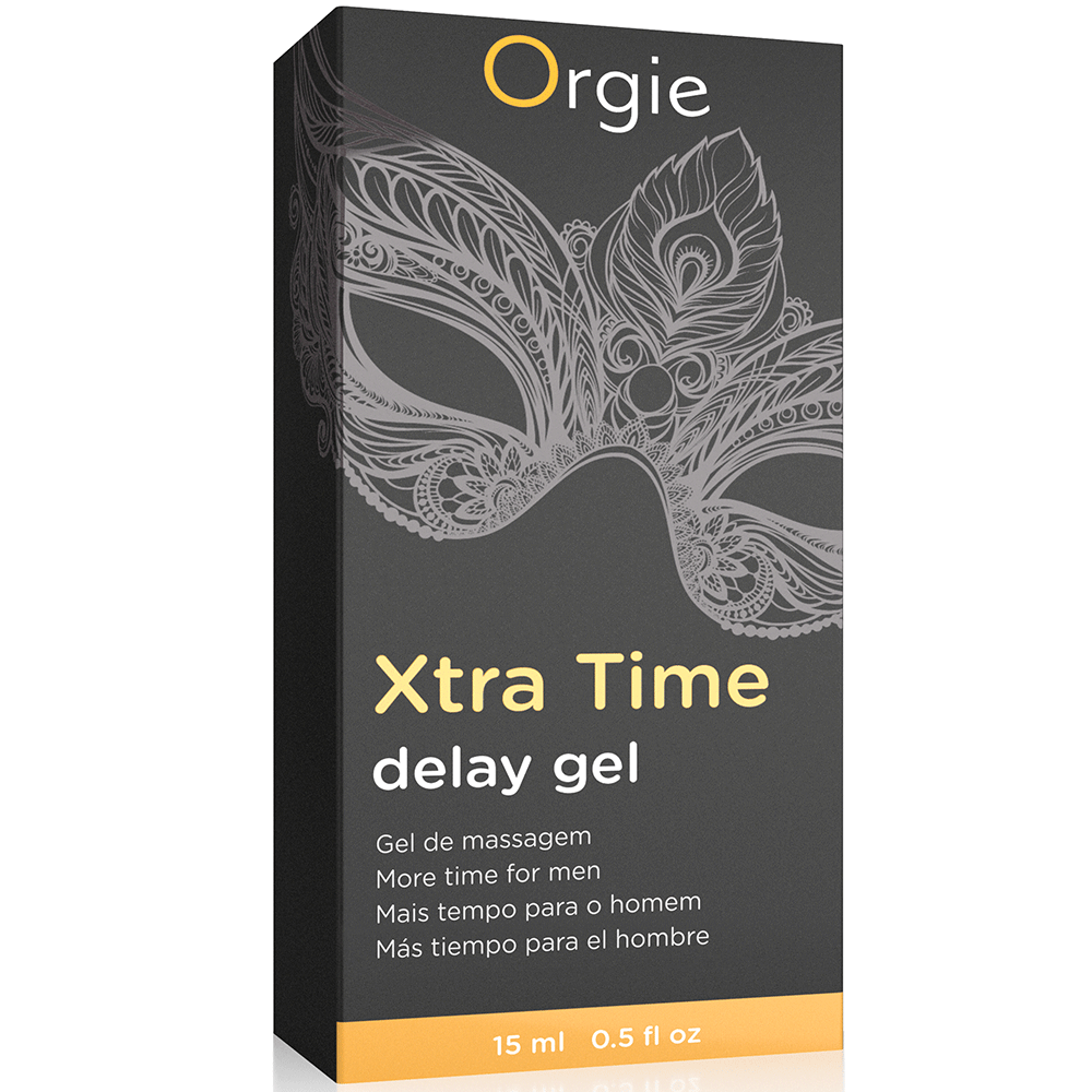 Svart låda innehållande Orgie Xtra Time Delay Gel 15ml. Gul och vit text.