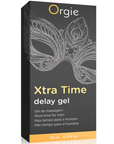 Svart låda innehållande Orgie Xtra Time Delay Gel 15ml. Gul och vit text.