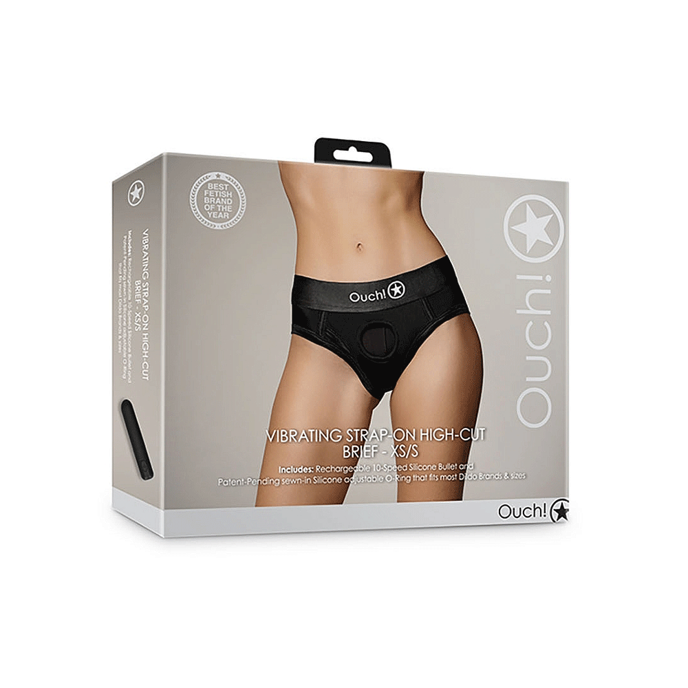 Ouch! Vibrating Strap-on High-cut Brief produktförpackning mot vit bakgrund.
