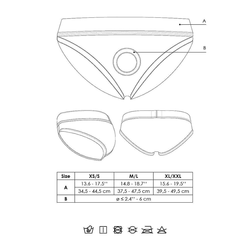 Storleksguide för Ouch! Vibrating Strap-on High-cut Brief mot vit bakgrund.