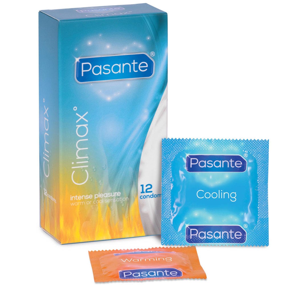 Pasante Climax 12-pack Stimulerande Kondomer produktförpackning mot vit bakgrund.