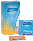 Pasante Climax 12-pack Stimulerande Kondomer produktförpackning mot vit bakgrund.