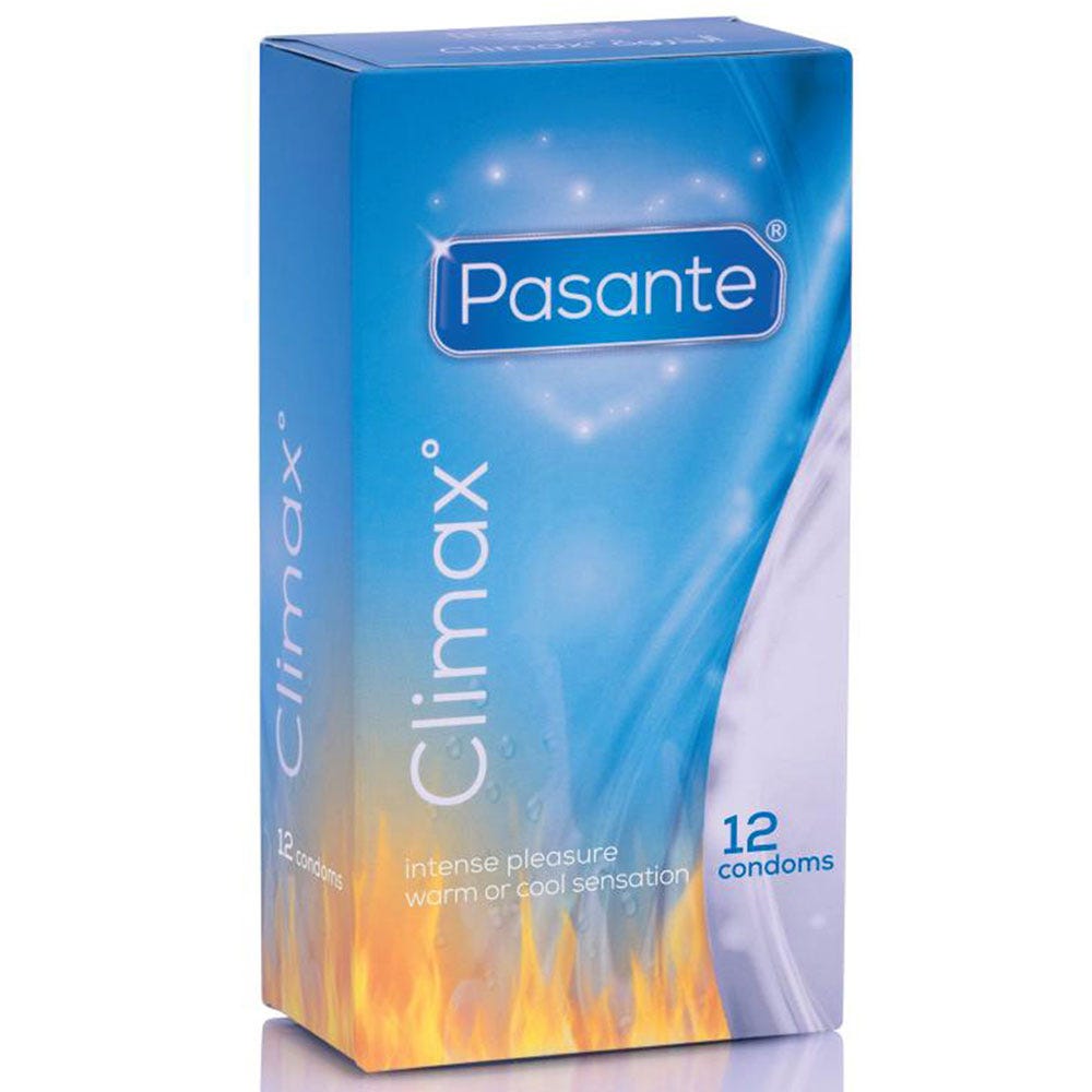 Pasante Climax 12-pack Stimulerande Kondomer mot vit bakgrund. Köp på lustly.se