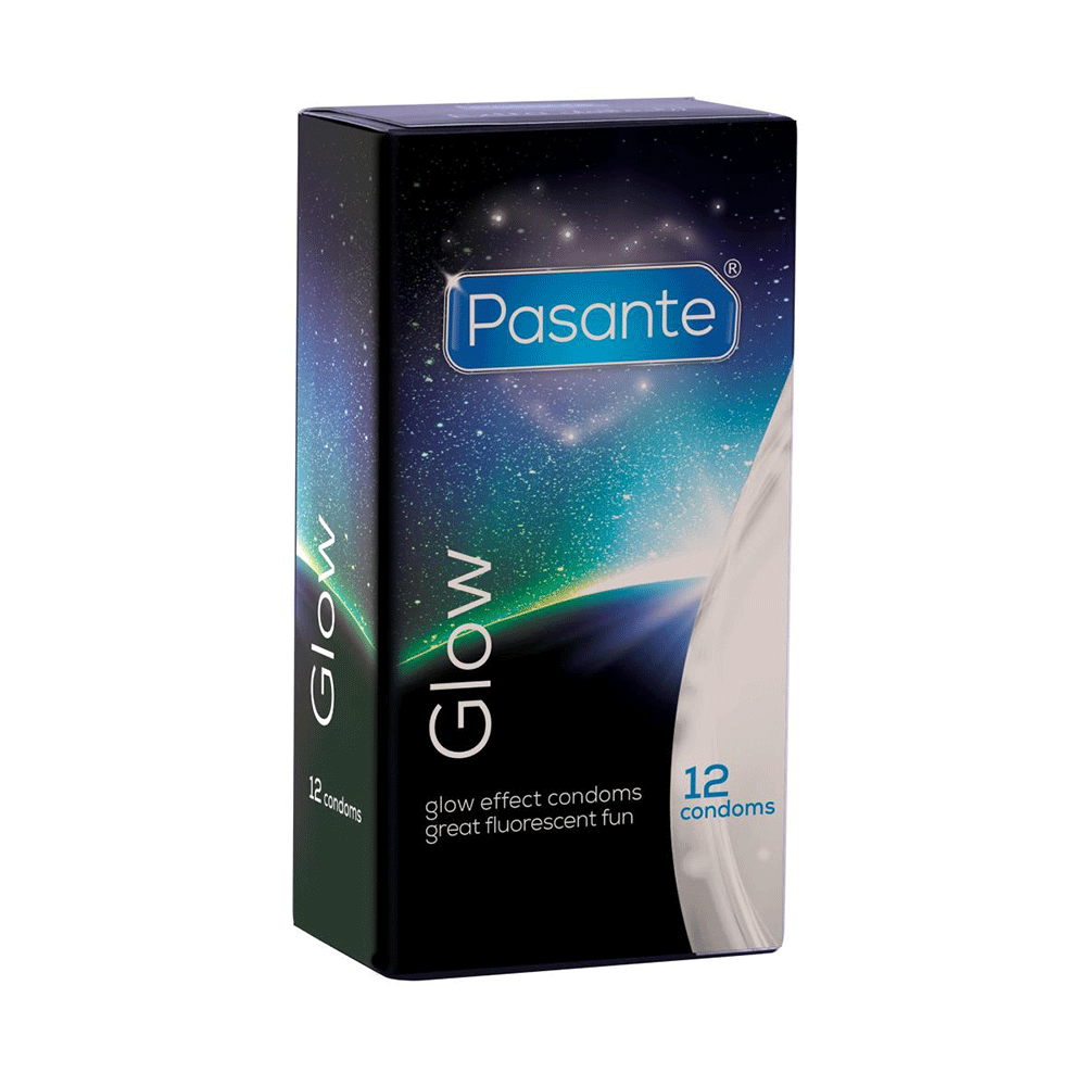 Pasante Glow 12-pack Kondomer produktförpackning mot vit bakgrund.