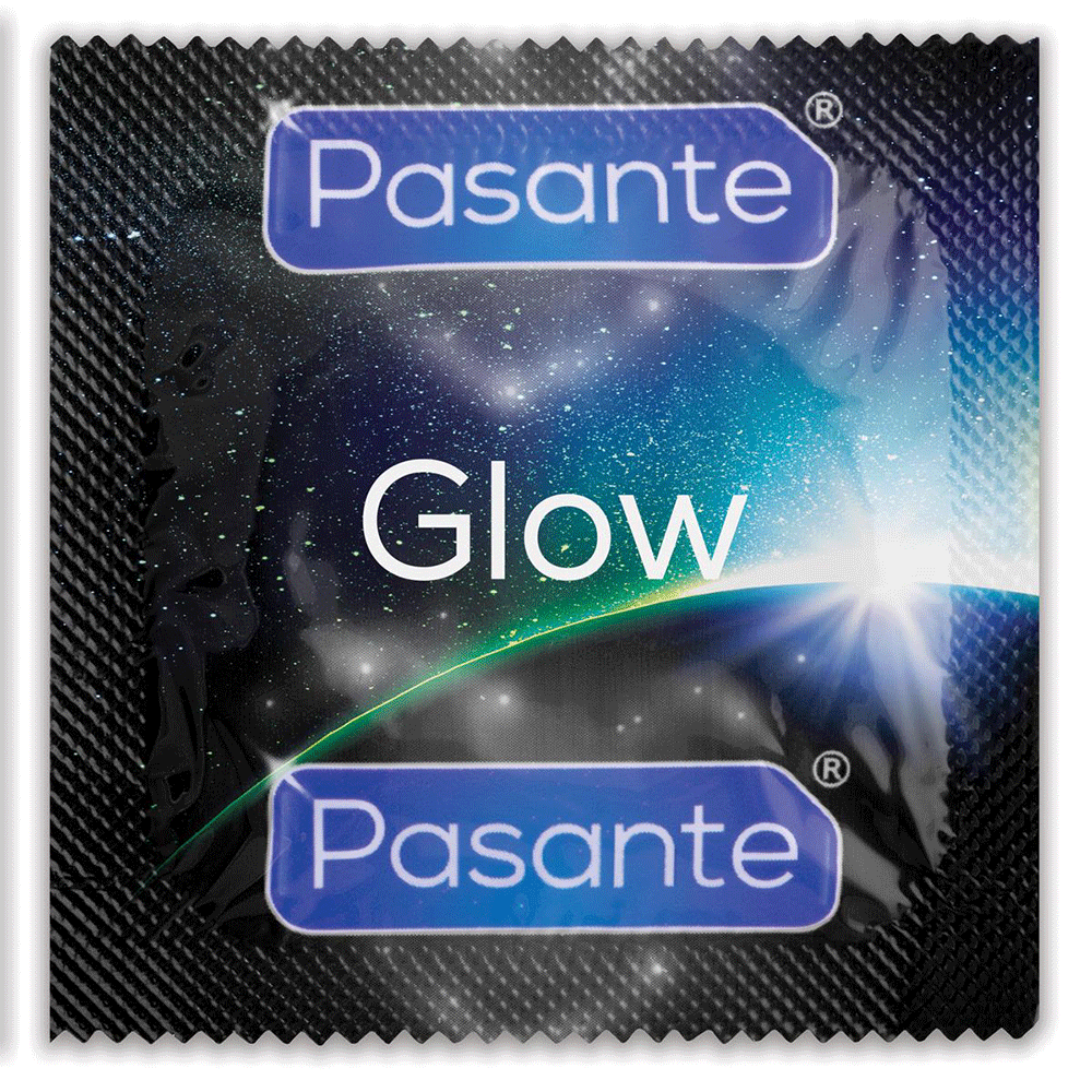 Pasante Glow 12-pack Kondomer kondom mot vit bakgrund.