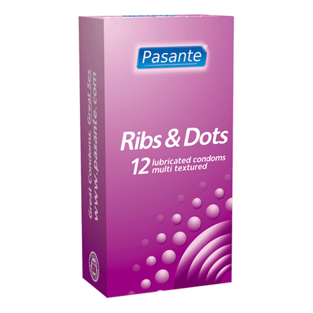 Pasante Ribs & Dots 12-pack Stimulerande Kondomer mot vit bakgrund. Köp på Lustly.se