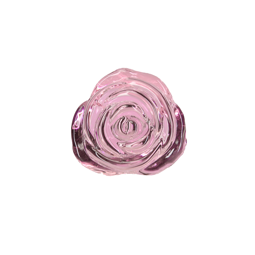 Närbild på Pillow Talk Rosy Luxurious Glass Anal Plug with Bonus Bullet ros handtaget mot vit bakgrund.