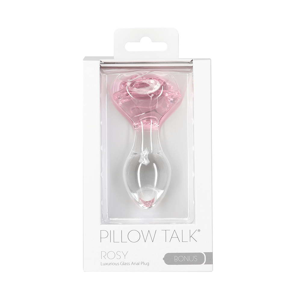 Pillow Talk Rosy Luxurious Glass Anal Plug with Bonus Bullet produktförpackning mot vit bakgrund.