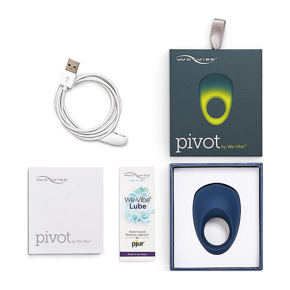 We-Vibe Pivot Vibrerande Penisring och produkttillbehör mot vit bakgrund.