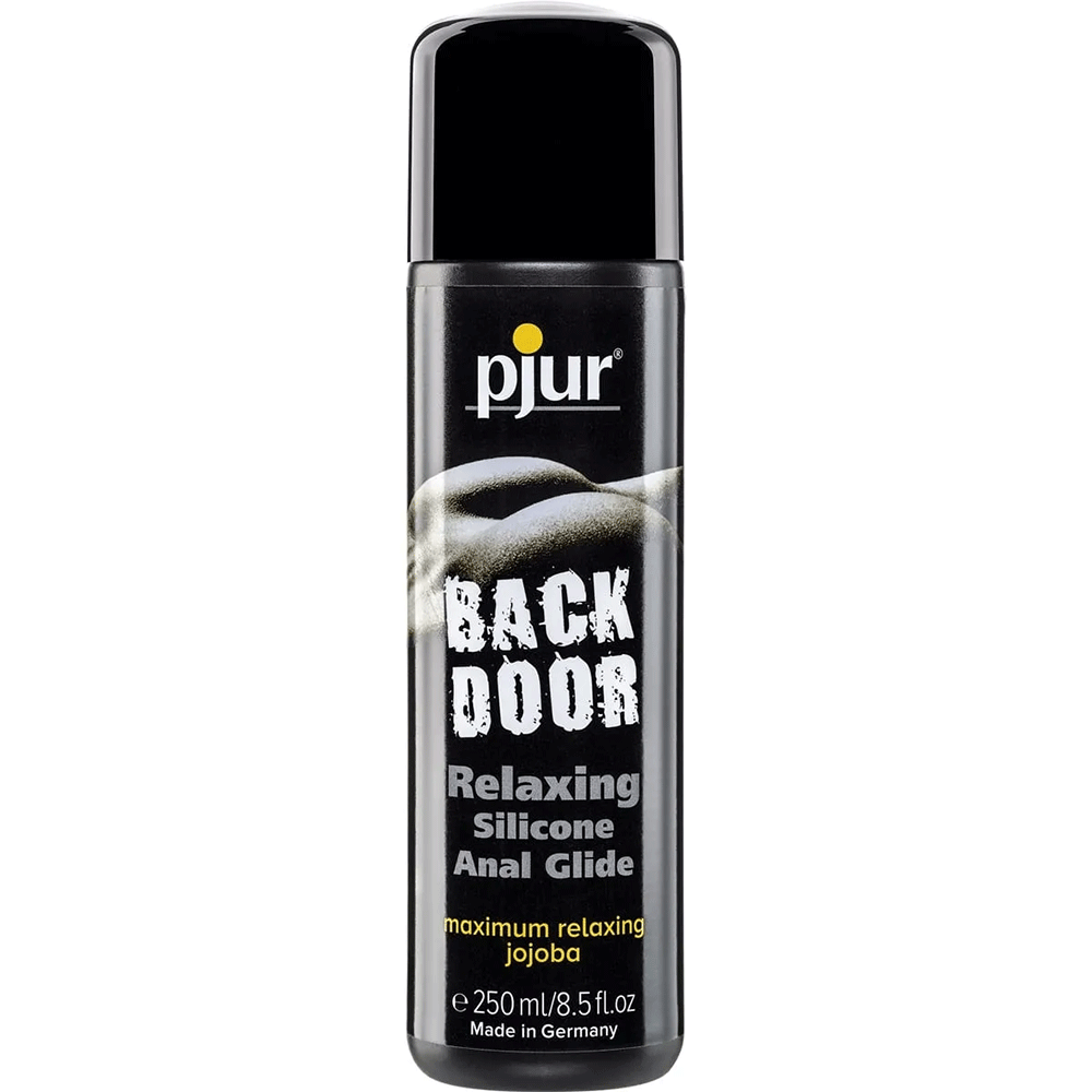 Pjur Back Door Anal Glide Silicone 250 ml glidmedel ståendes mot vit bakgrund.