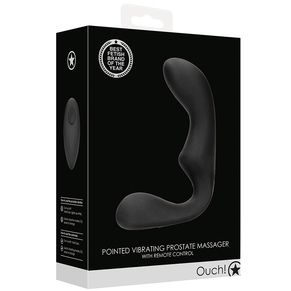 Förpackning till Pointed Vibrating Prostate Massager with Remote Control. Svart kartong med svart produkt på framsidan. Vit text.