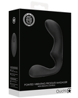 Förpackning till Pointed Vibrating Prostate Massager with Remote Control. Svart kartong med svart produkt på framsidan. Vit text.