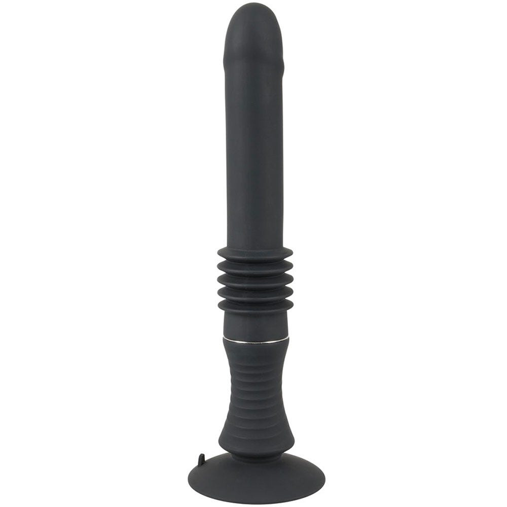 svart Portable Fucking Machine Thrusting Vibrator lång stav mot vit bakgrund.