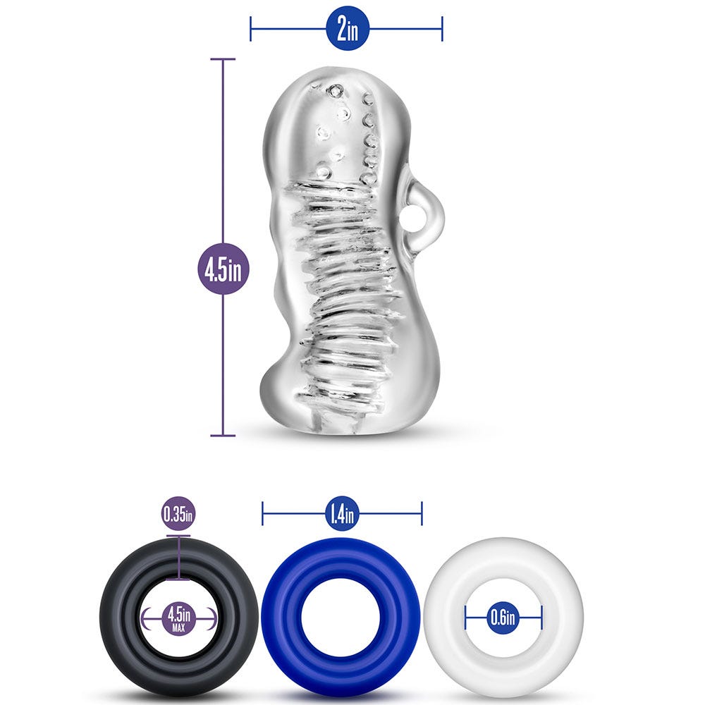 storleksdemonstrationer på Quickie Kit Jerk Off Clear. Mot vit bakgrund. Tre ringar i svart, blått och vitt längst ner.