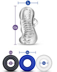 storleksdemonstrationer på Quickie Kit Jerk Off Clear. Mot vit bakgrund. Tre ringar i svart, blått och vitt längst ner.