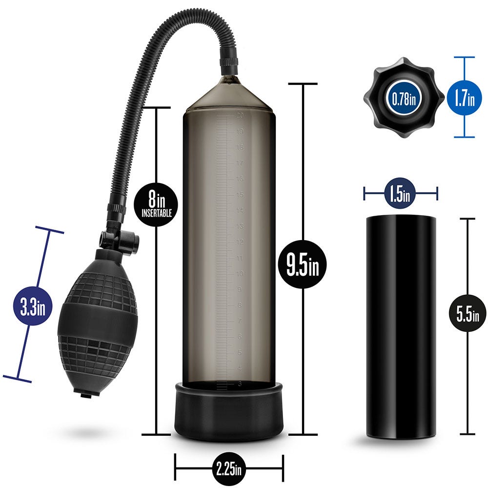 storleksindikationer på Quickie Kit Thick Cock Black - Penispump. Svarta produkter mot vit bakgrund.