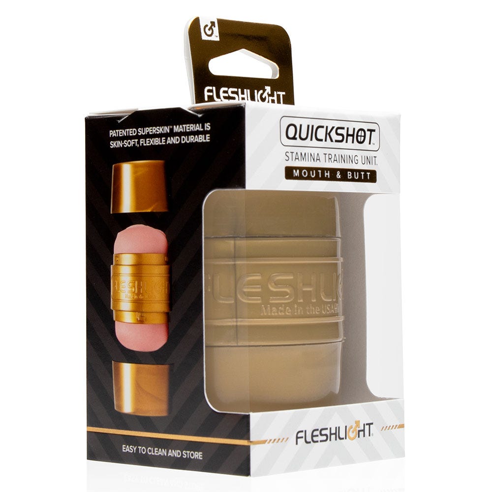 förpackningen till Fleshlight Quickshot Stamina Training Unit masturbator. Mot vit bakgrund.