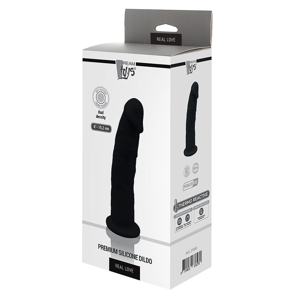 Real Love Dildo 15,2 cm Black produktförpackning mot vit bakgrund.