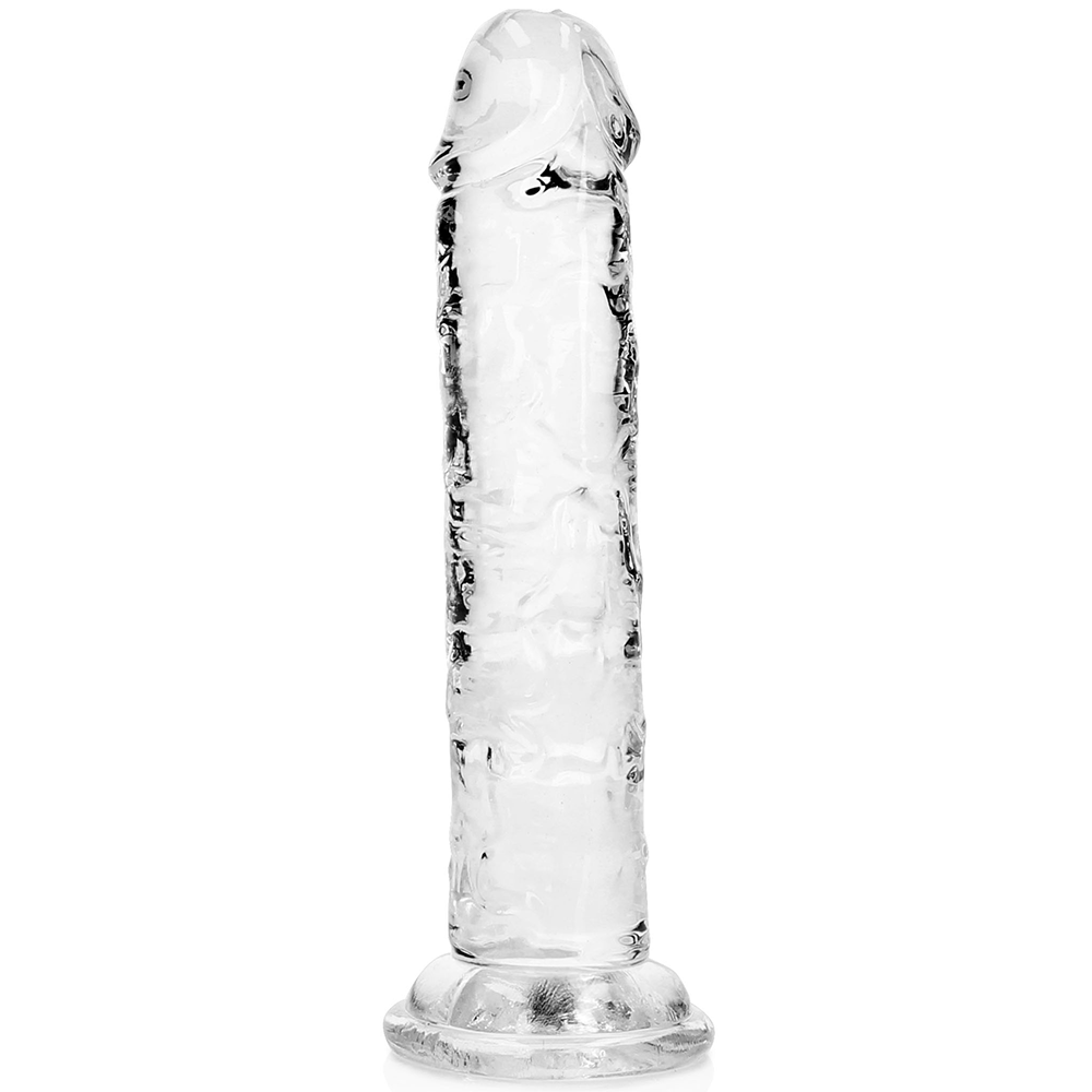 Genomskinlig stav RealRock Dildo with Suction Cup Clear 14,5cm. Vit bakgrund.