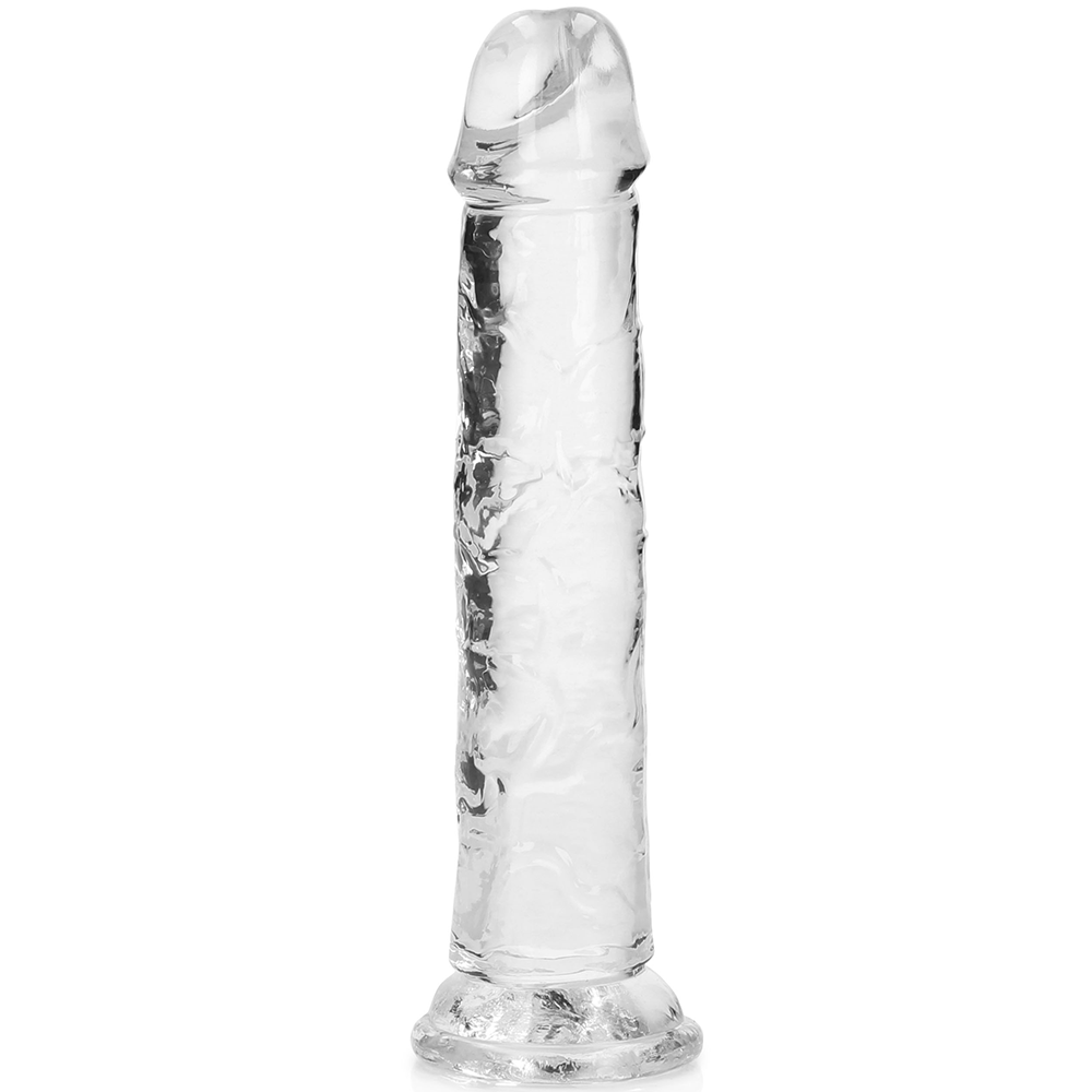 RealRock Dildo with Suction Cup Clear 18cm är en genomskinlig dildo med ådror. Vit bakgrund.