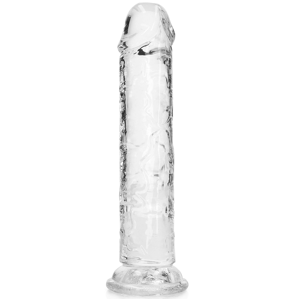 RealRock Dildo with Suction Cup Clear 18cm genomskinlig stav mot vit bakgrund.