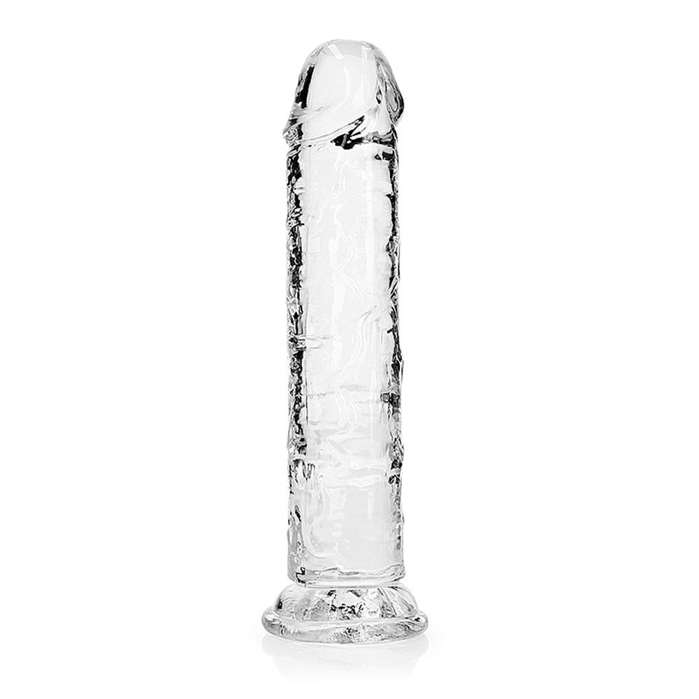 Sidvinkel av RealRock Dildo with Suction Cup Clear 20cm mot vit bakgrund.