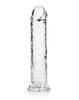 Sidvinkel av RealRock Dildo with Suction Cup Clear 20cm mot vit bakgrund.