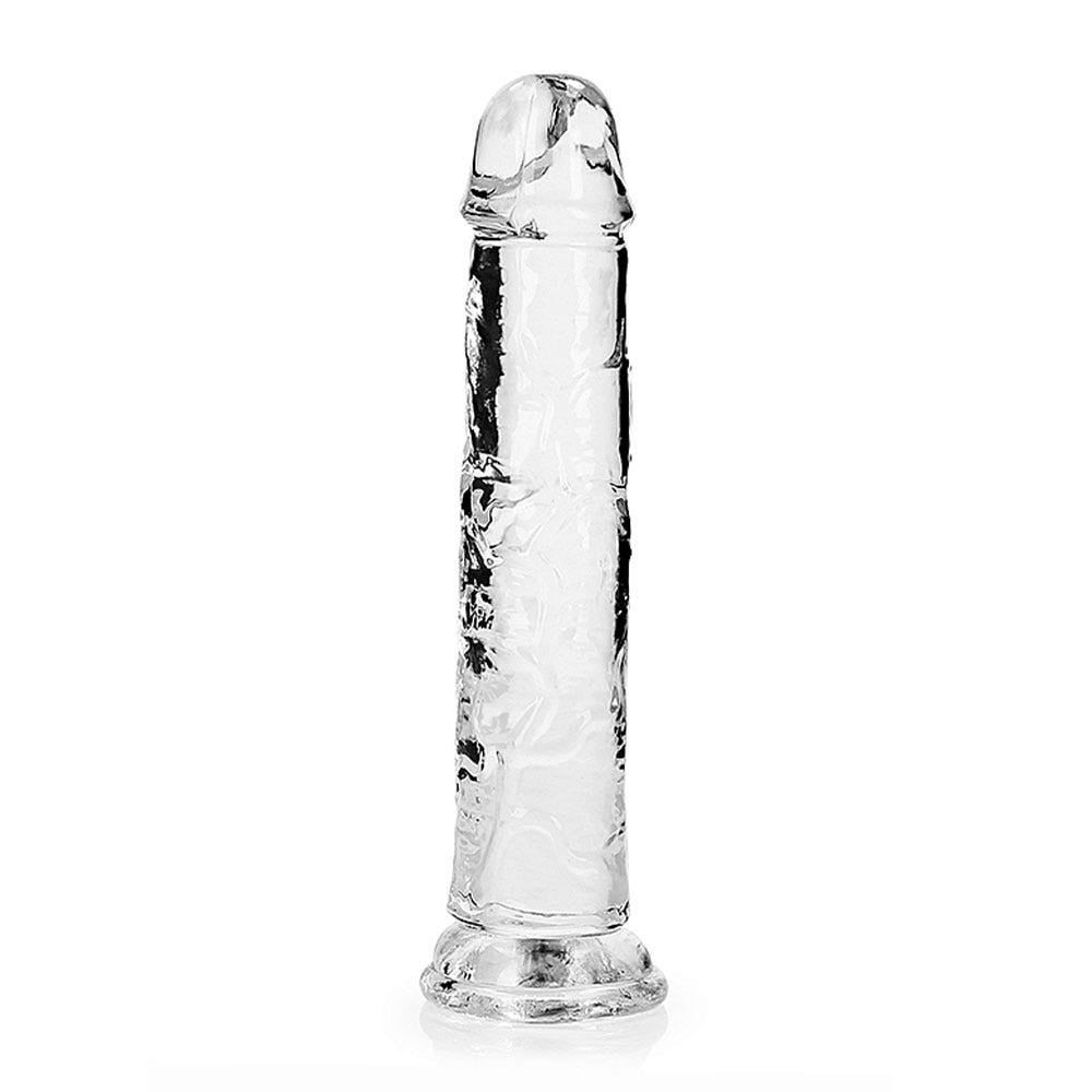 Framsida av RealRock Dildo with Suction Cup Clear 20cm mot vit bakgrund.