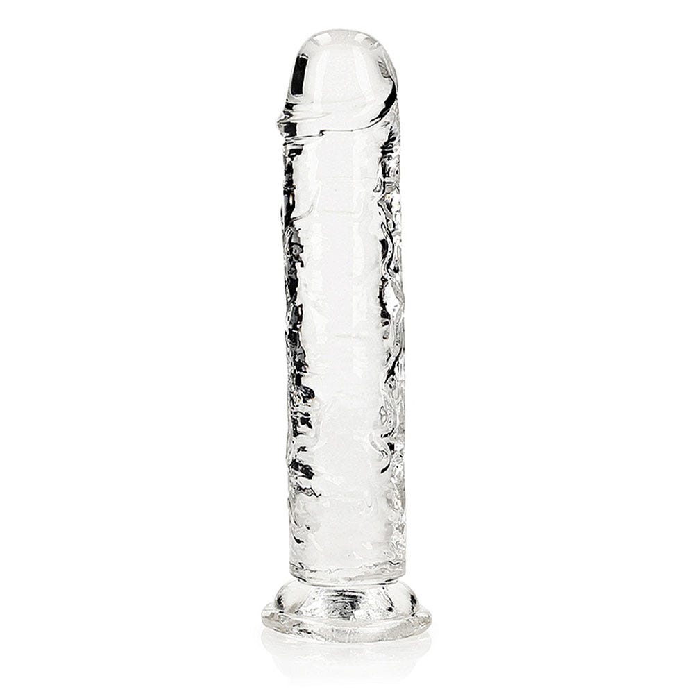 Baksida av RealRock Dildo with Suction Cup Clear 20cm mot vit bakgrund.