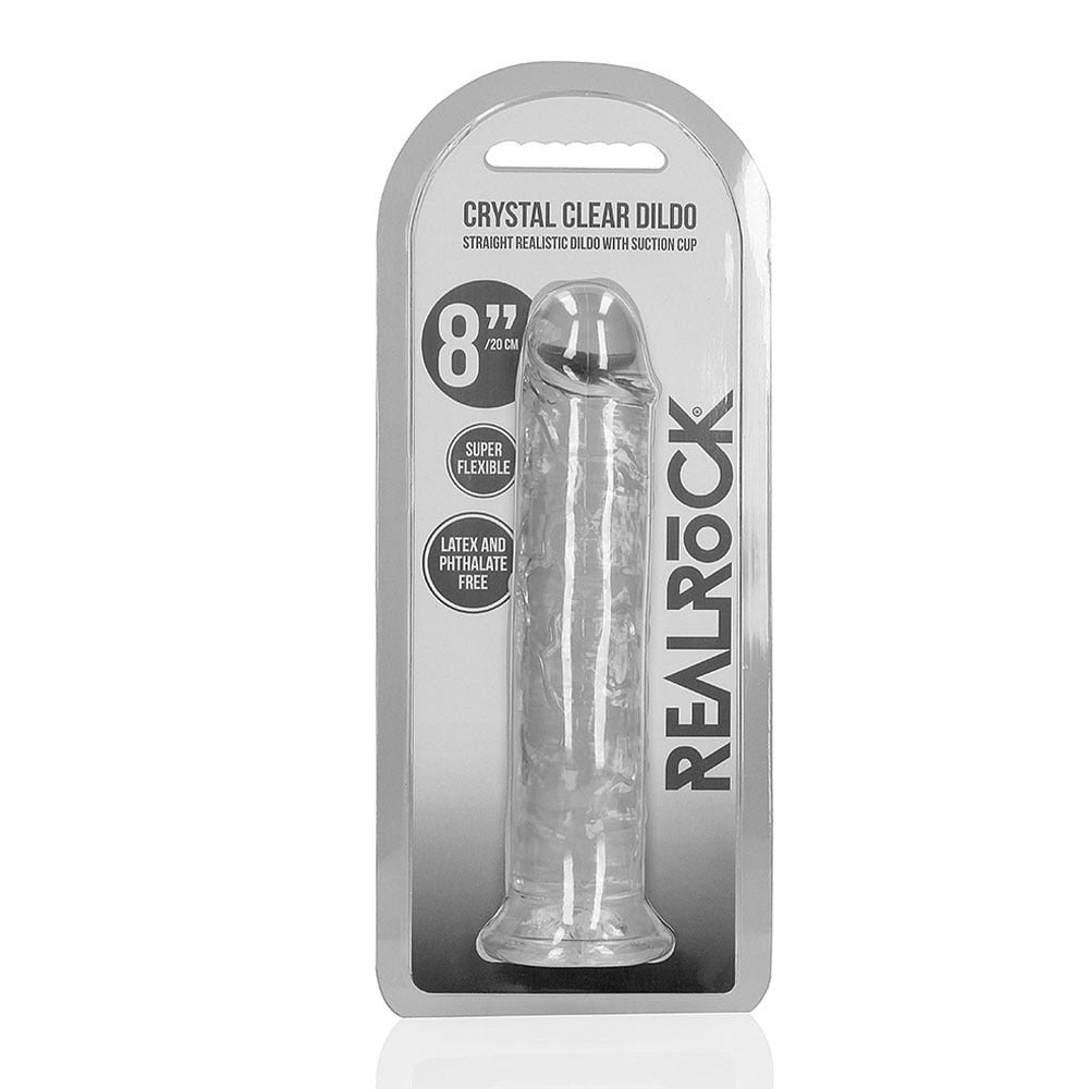 RealRock Dildo with Suction Cup Clear 20cm i en produktförpackning mot vit bakgrund.