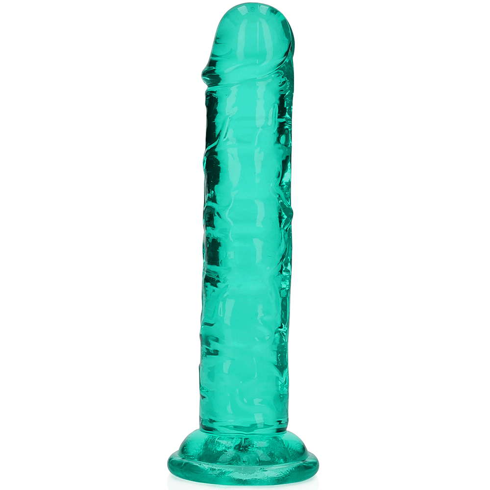 RealRock Dildo with Suction Cup Green 14,5cm grön genomskinlig dildo mot vit bakgrund.