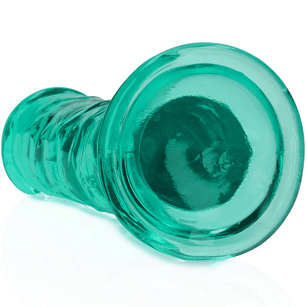 Botten av RealRock Dildo with Suction Cup Green 14,5cm. Grön sugpropp mot vit bakgrund.