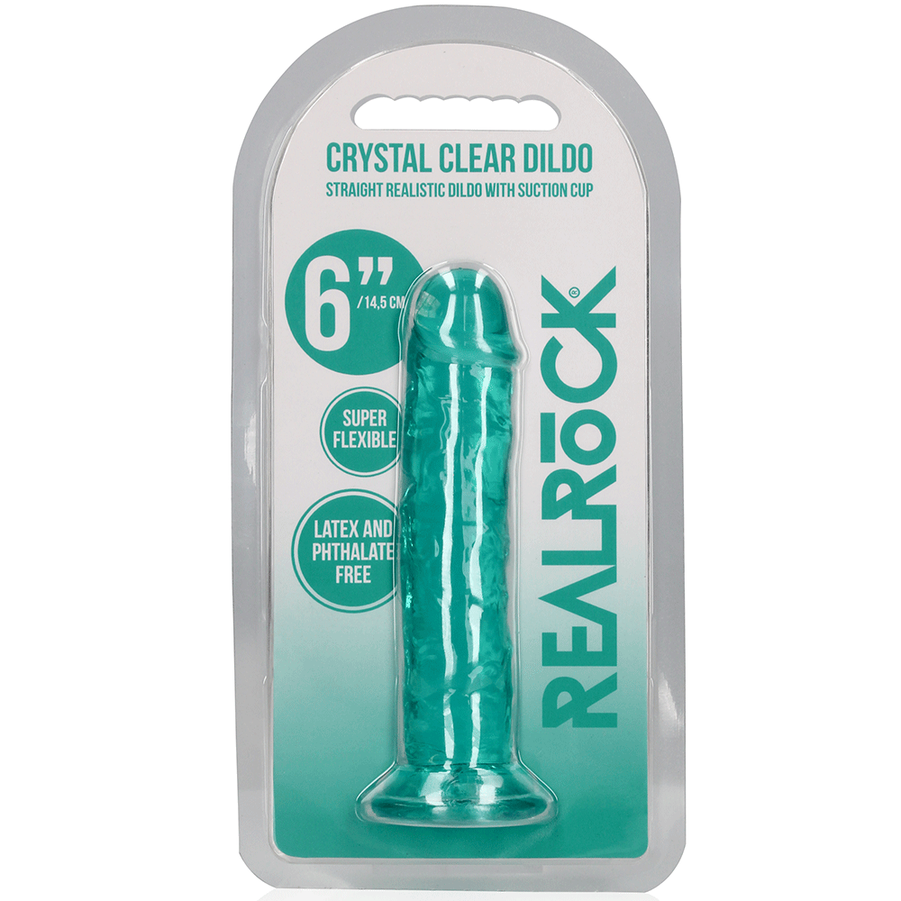 Förpackningen till RealRock Dildo with Suction Cup Green 14,5cm. Produkten på framsidan.