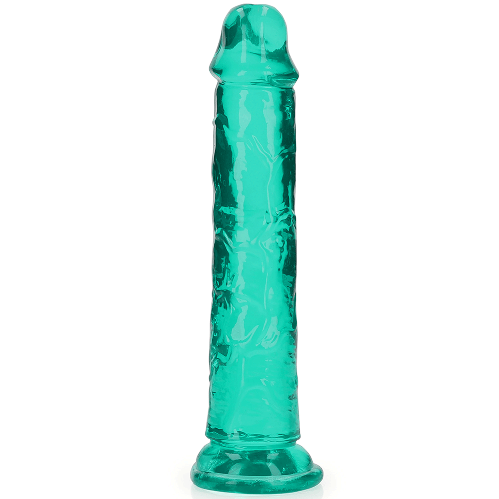 Framsidan av RealRock Dildo with Suction Cup Green 18cm. Grön och genomskinlig mot vit bakgrund.