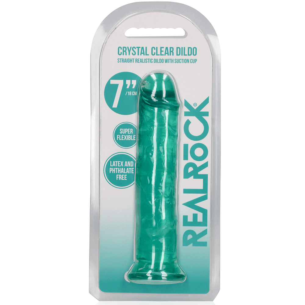 Förpackningen till RealRock Dildo with Suction Cup Green 18cm.  Vit förpackning med produkten på framsidan.