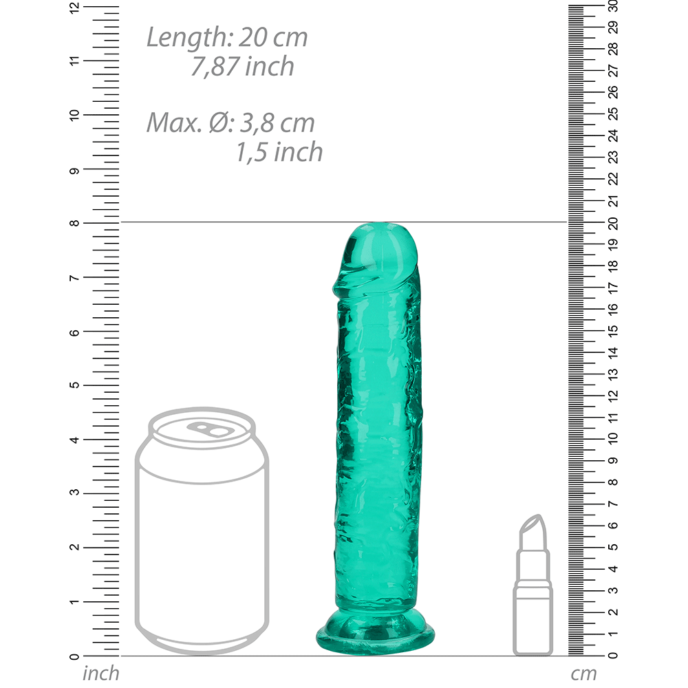 Storleksguide för RealRock Dildo with Suction Cup Green 18cm. Animerad läskburk och ett animerad läppstift för att jämföra storlek.