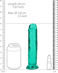 Storleksguide för RealRock Dildo with Suction Cup Green 18cm. Animerad läskburk och ett animerad läppstift för att jämföra storlek.