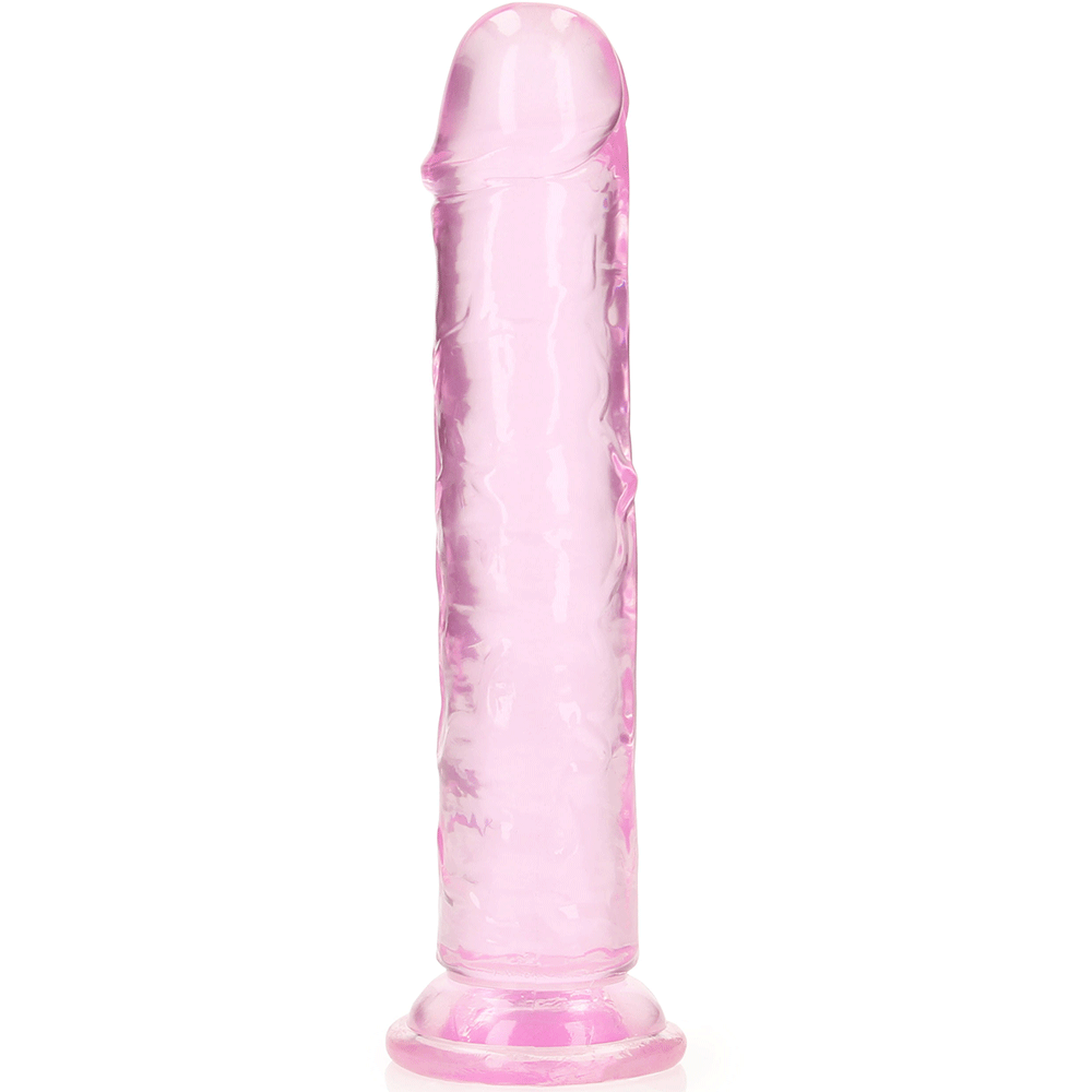 RealRock Dildo with Suction Cup Pink 18cm genomskinlig stav mot vit bakgrund.