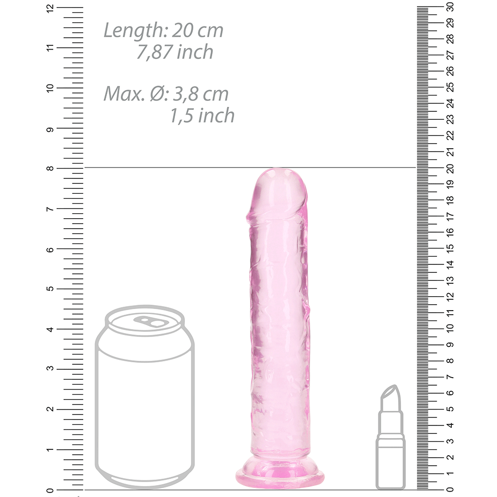 En storleksguide till RealRock Dildo with Suction Cup Pink 18cm. Två linjaler bredvid staven.