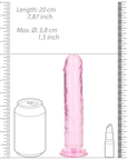 En storleksguide till RealRock Dildo with Suction Cup Pink 18cm. Två linjaler bredvid staven.