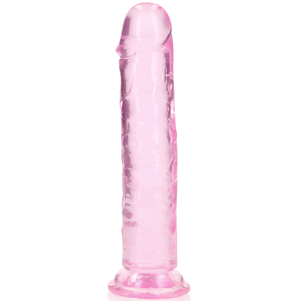 RealRock Dildo with Suction Cup Pink 20cm en rosa genomskinlig dildo mot vit bakgrund.